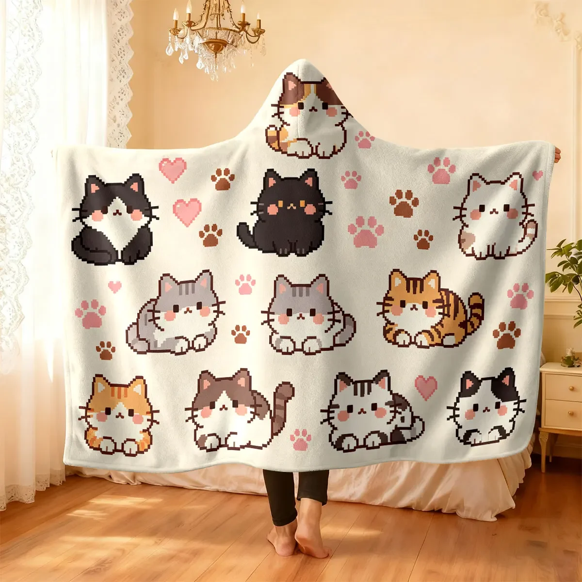 1pc Cartoon Kitten Printed Flannel Hoodie Wearable Cloak Blanket Soft Warm Multi Size Casual Blanket Machine Washable
