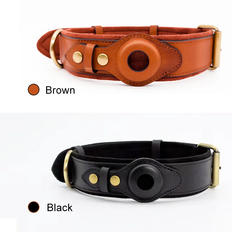 Customized Dog Collar Personalized Genuine Leather Dog Collar Medium Large Pet Airtag Dog Collar With Case Holder