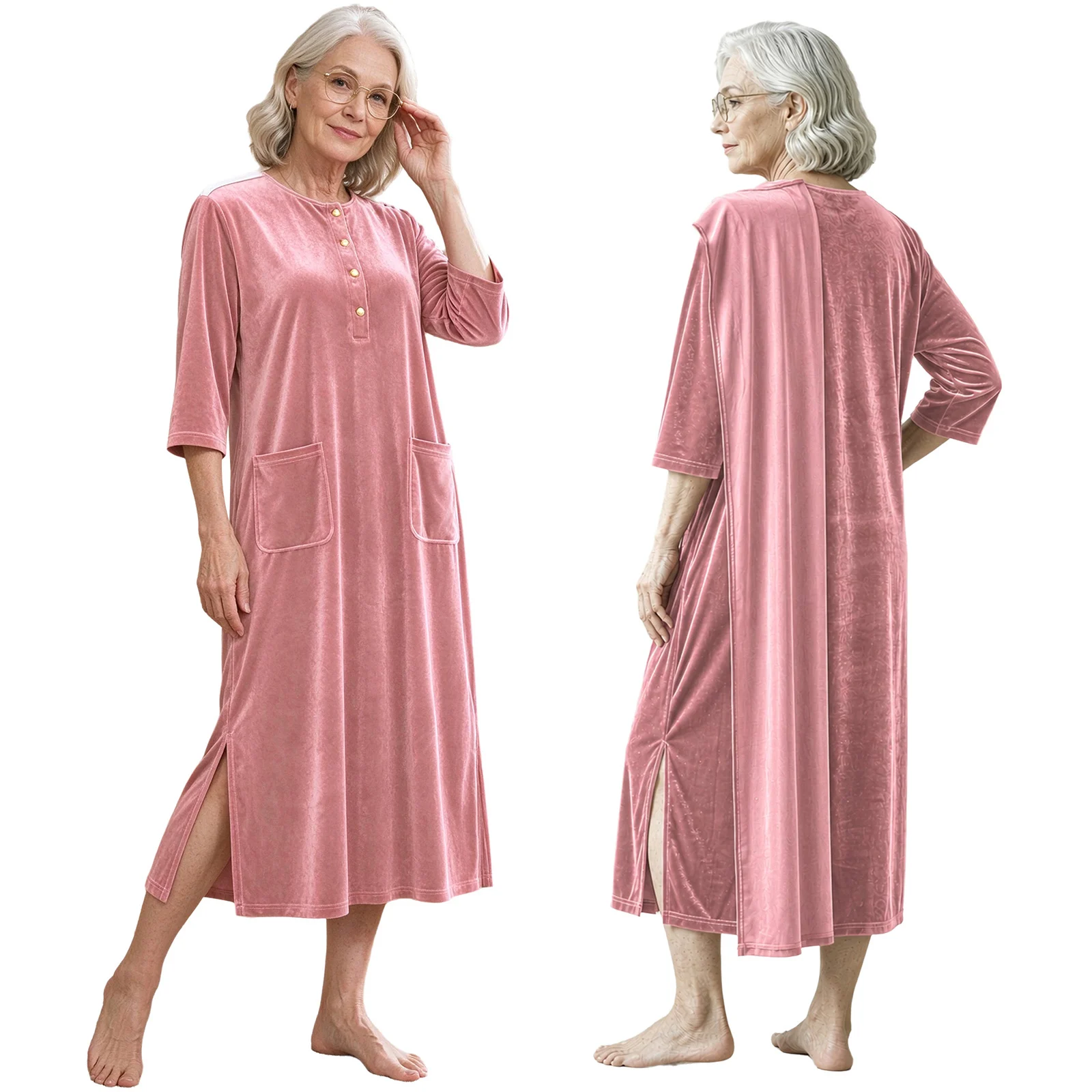 Women Elderly Adaptive Velvet Jumpsuit Long Sleeve Anti-strip Back zip Ruffles Bodysuit with Pockets Hospital Sleepwear Homewear