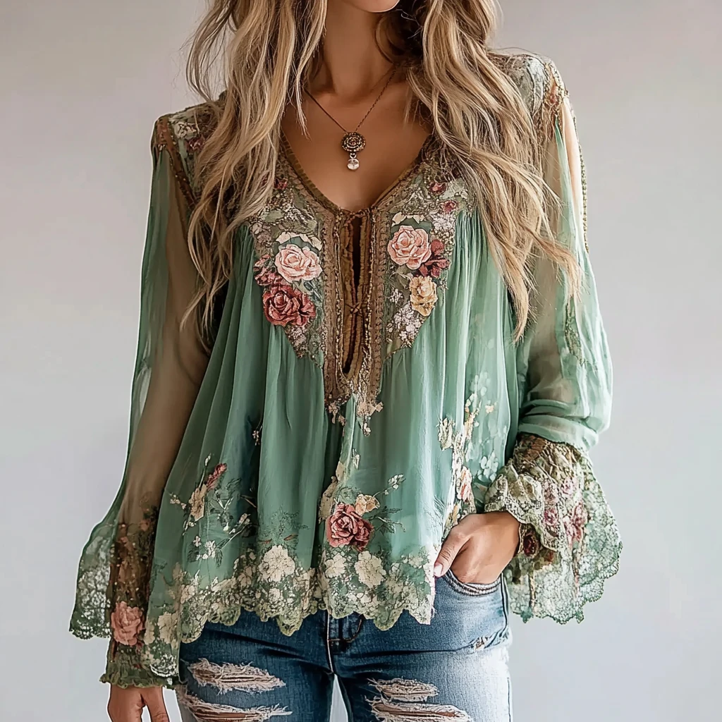 

2025 Autumn New Women's Blouse V-neck Long Sleeve Floral Print See-through Sleeves Shirt Splicing Asymmetrical Hem Loose Blouse