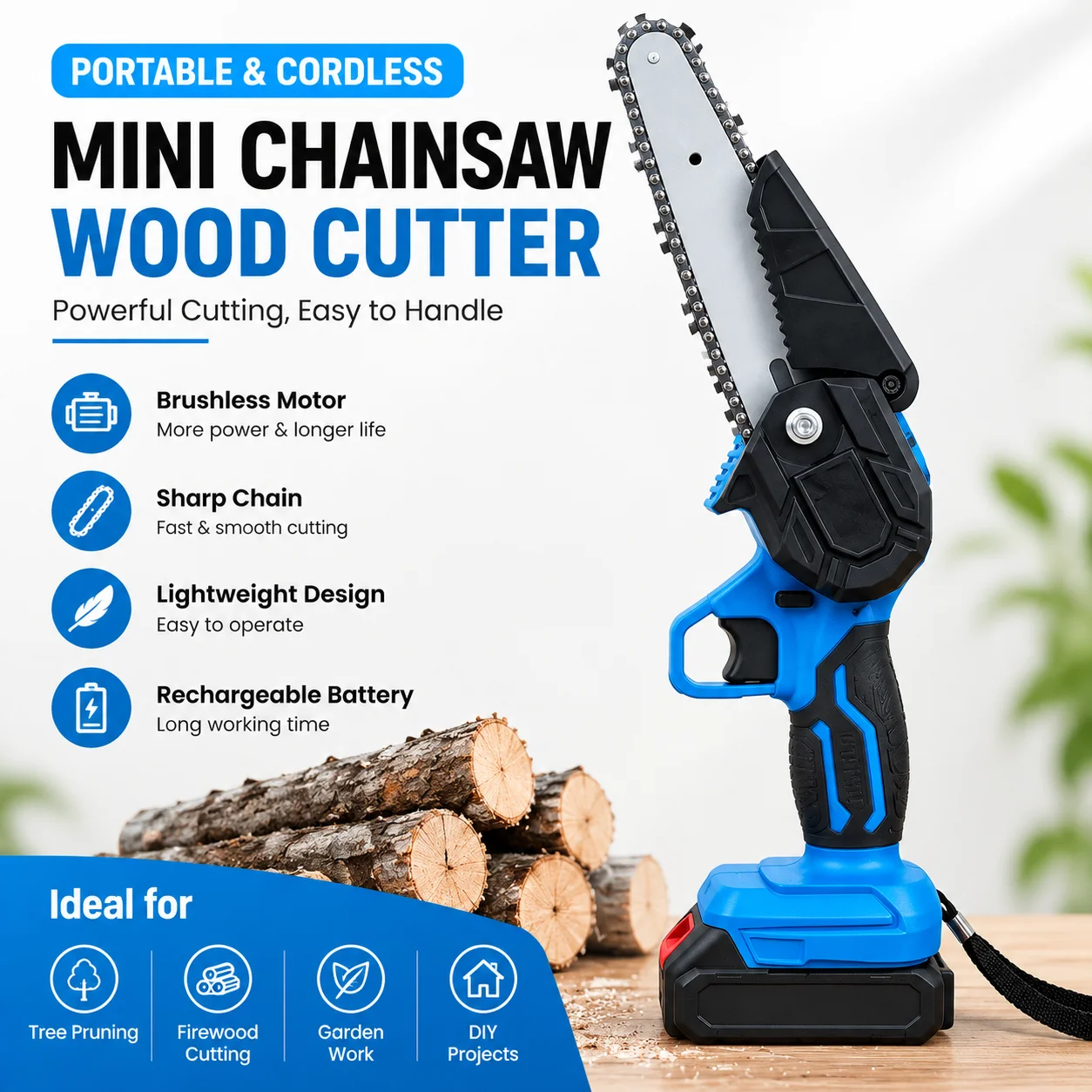 6 Inch Cordless Electric Chainsaw Battery Powered Handheld Tree Logging Wood Cutting Tool for Yard Gardening DIY Home Projects
