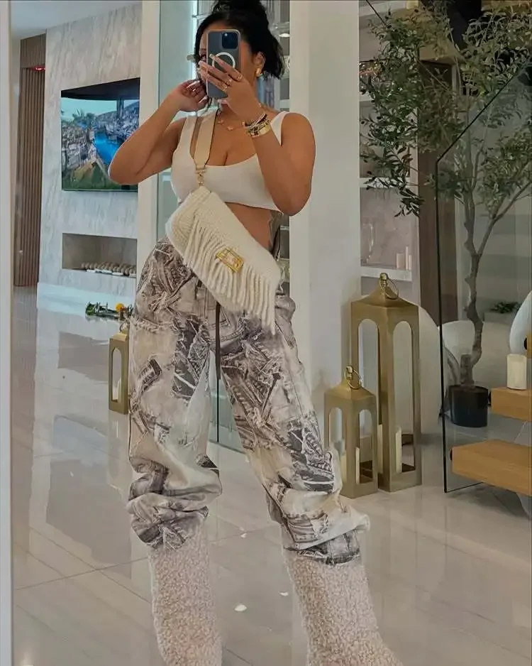 Modne, nieregularne spodnie damskie na lato z nadrukiem, patchworkiem, wysokim stanem i sznurkiem, streetwearowe spodnie damskie.