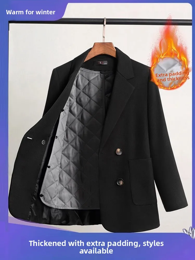 

Thickened Woolen Suit Jacket Women's Casual Cotton Lined Autumn Winter Fashionable Commute Style Long Sleeve Pure Color