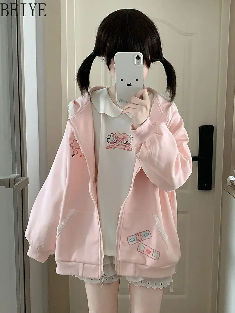 New Spring/autumn Girl Casual Coats Sweet Cute Rabbit Print Ears Lace Student Hooded Coat Zipper Cardigan Jacket Female