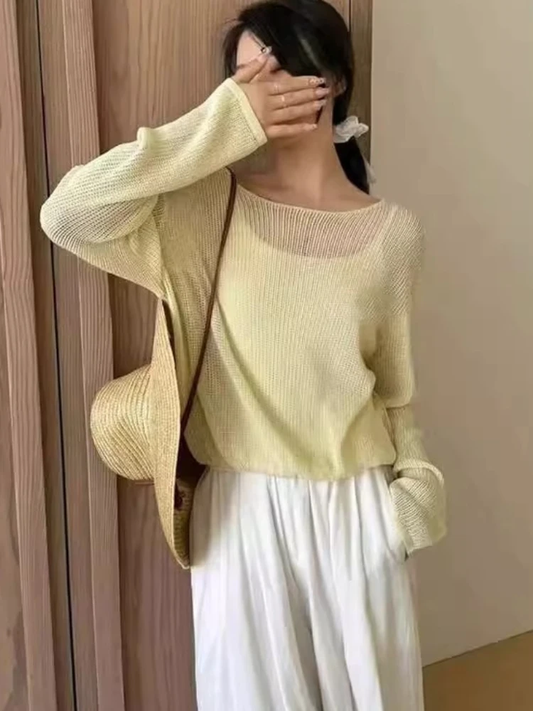 Hollow Out Long Sleeve Thin Knit Blouse 2026 New Summer Sun Protection Cover Up Cami Figure-Flattering Two Piece Set Top view 5