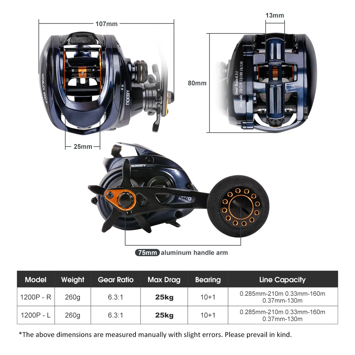 Noeby 1200P Baitcasting Fishing Reel Inshore Full Metal Body 6.3:1 Rear Ratio Max Drag 25kg Saltwater Big Game Fishing Reels