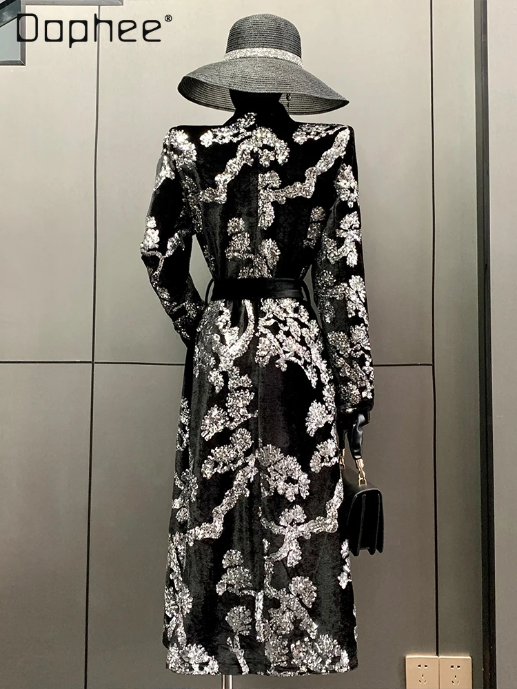 Heavy Sequin Flocked Trench Coat for Women Lace-Up Slimming Elegant Coat 2025 Autumn Winter New Vintage High-End Socialite Coats