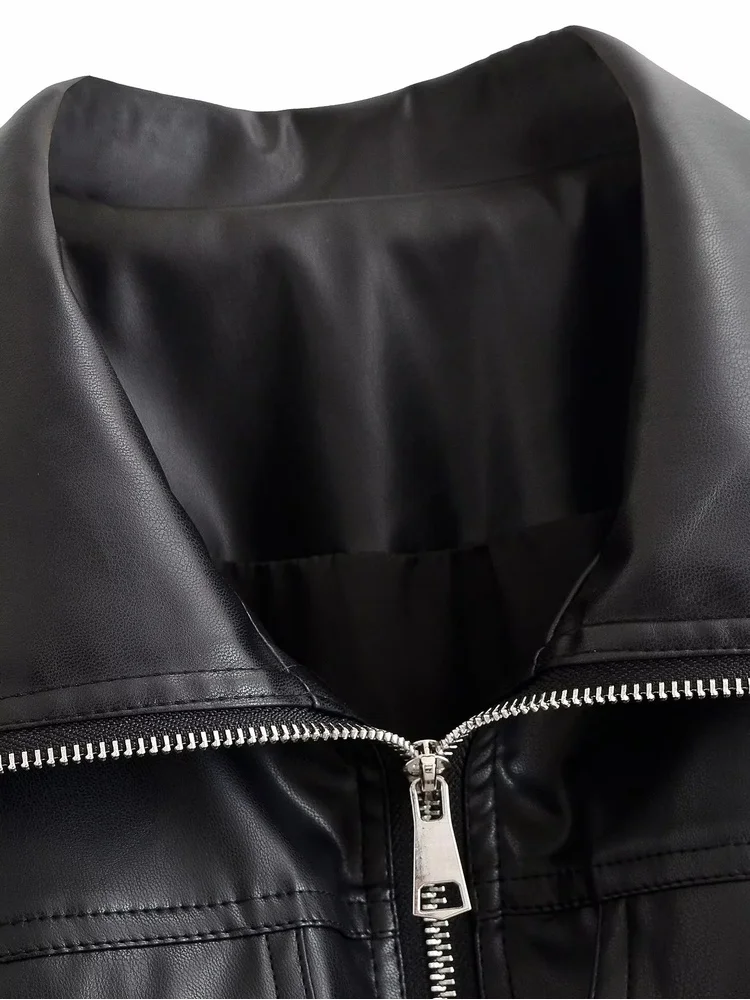 AACHOAE Women Faux Leather Jacket Drawstring Waist Zip Up Utility Short Coat Flap Pocket Casual Streetwear Autumn Outerwear