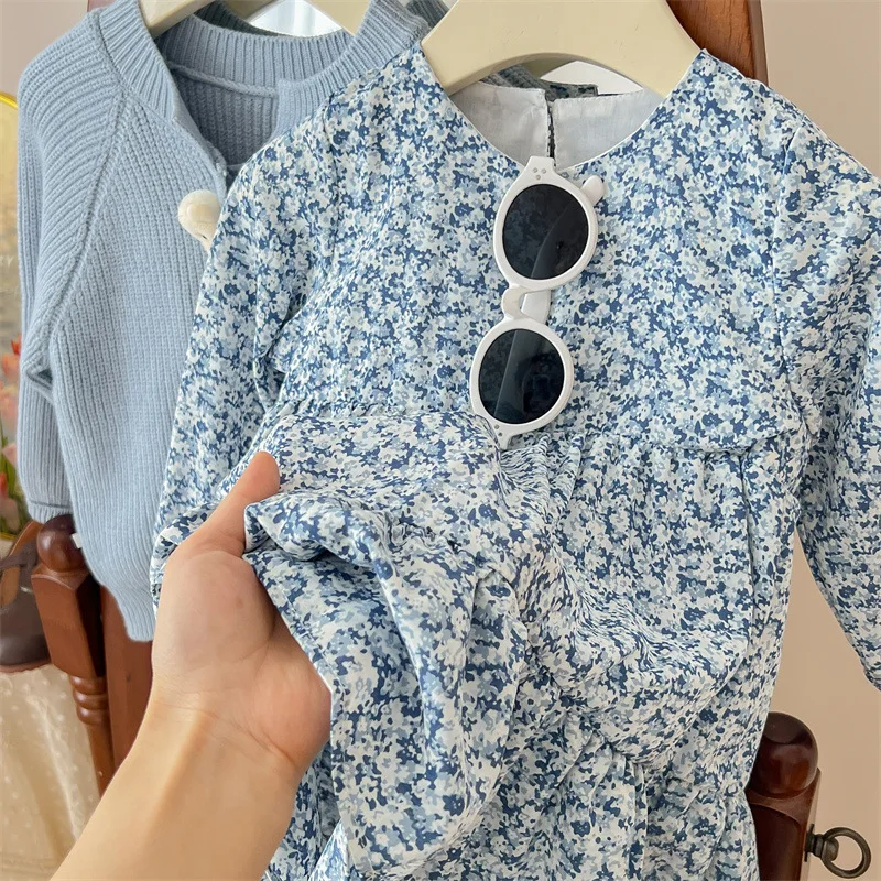 Girls flower dress set childrens spring and autumn new dress babys knitted cardigan two-piece set Girls Fashion Cotton Sets