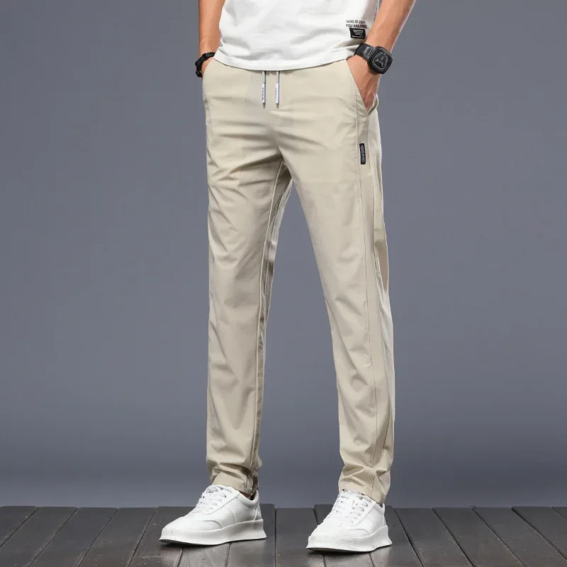 

Men Pant Long Pants Straight Trousers Slim Fit Pocket Casual Regular Solid Splice Lace Up High Elastic Waist Autumn 2025 New