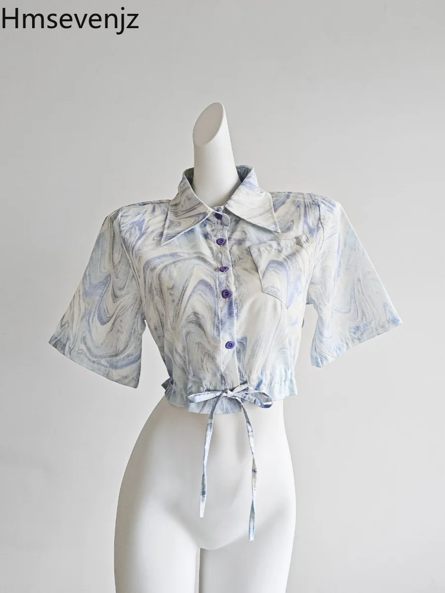 

Hmsevenjz Casual Drawstring Short-sleeved Shirt Women's Summer Vintage Single Breasted Hawaiian Top Fashion Female Clothes