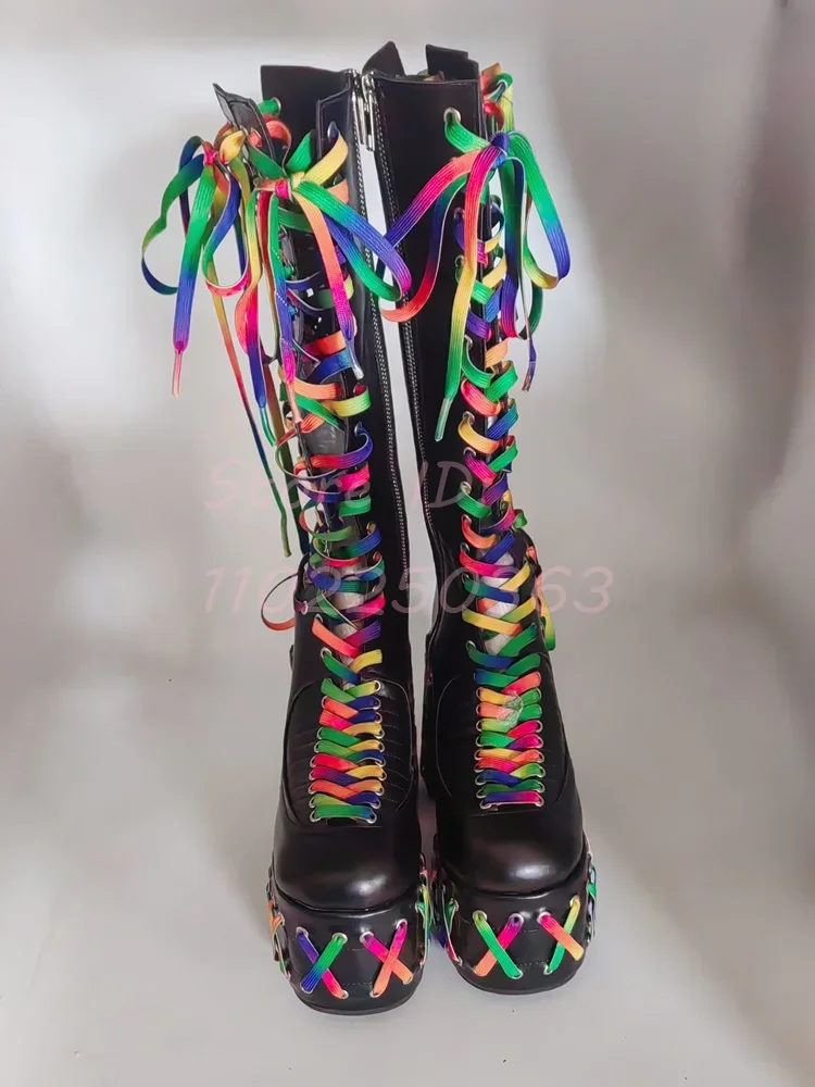 Rock Rainbow Riband Knight Boots Round Toe Leather Laces Cross-tied Square Heel Knee-high Boots 2024 New Women Fashion Shoes - view 5