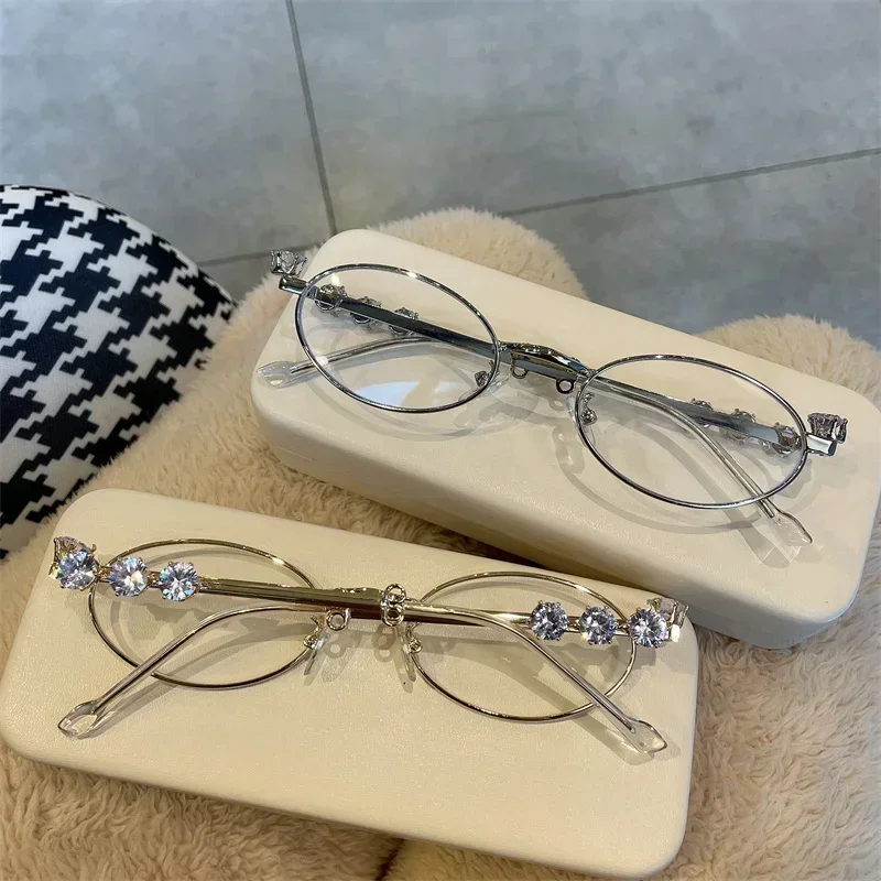 Women\'s Punk Retro Silver Anti Blue Light Eyewear Rhinestone Stainless Steel Oval Frame Glasses Girl Reading Seaside Spectacles