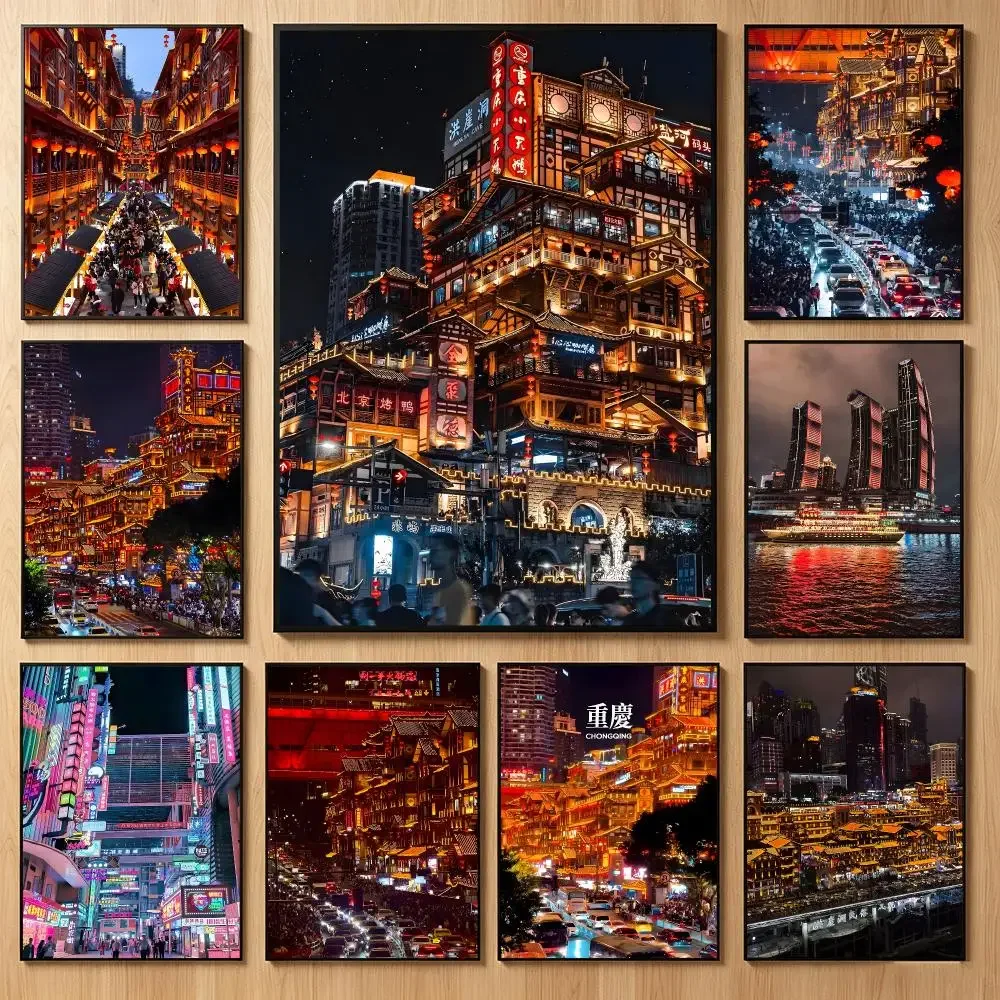 Vibrant Cityname C-ChongQing Poster Classic Self-Adhesive PP Wall Sticker for Living Room Bar Decor Gift