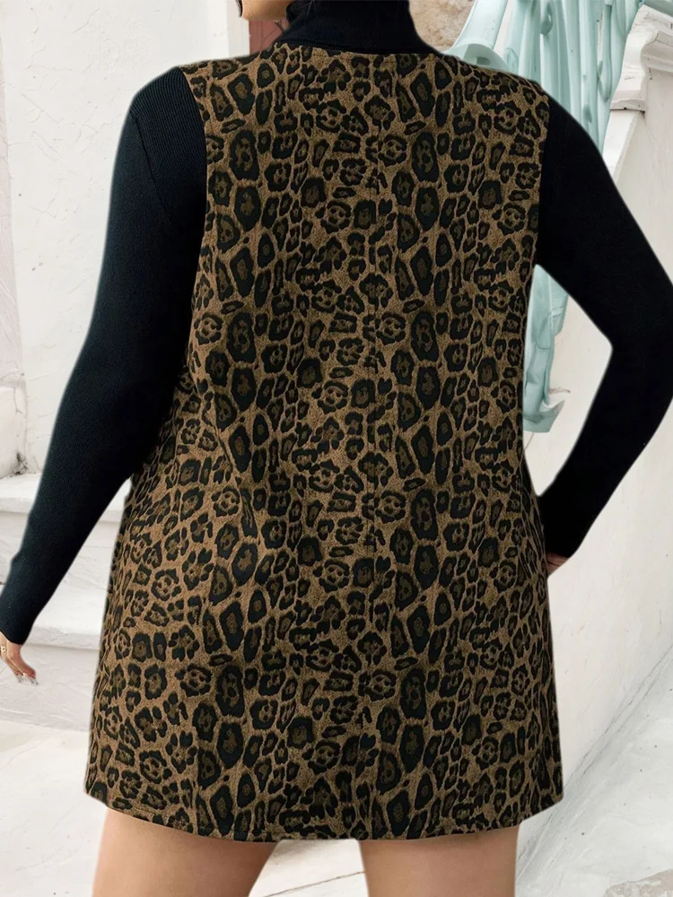 GIBSIE Plus Size Leopard Print Sleeveless Vest Dress Women 2025 Fashion V-Neck Single Breasted Loose Casual Autumn Short Dress