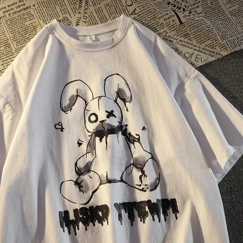 

American Creative Rabbit Graffiti Short Sleeve T-shirt Loose Men and Women Ins Summer Loose Casual Couple Half Sleeve Y2k Top