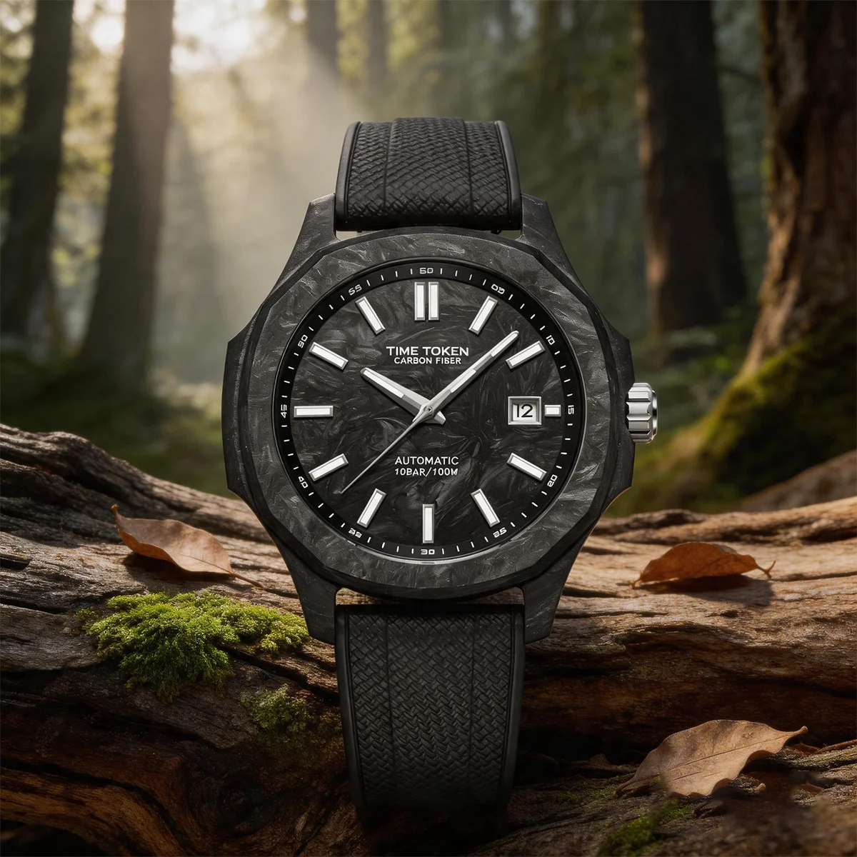 TIME TOKEN Luxury Men Wristwatch Forged Carbon Fiber Automatic Mechanical Watch 100M Waterproof Date Display Gift for Man T586