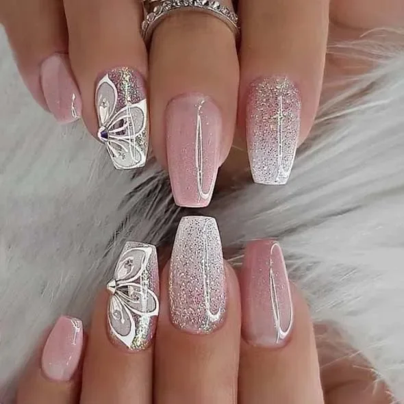 

Pink White Ombre Press On Nails, Pure Desire Style with Silver Glitter & Rhinestone Butterfly, Square Tip Fake Nails, Reusable Acrylic Nails for Women, Yiwu Wholesale Bulk