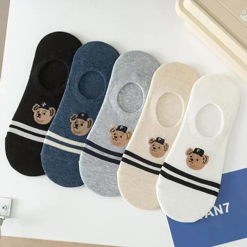 5 pair/batch fashion men boat socks non slip transparent silicone cotton ankle slippers Cartoon bear summer autumn socks