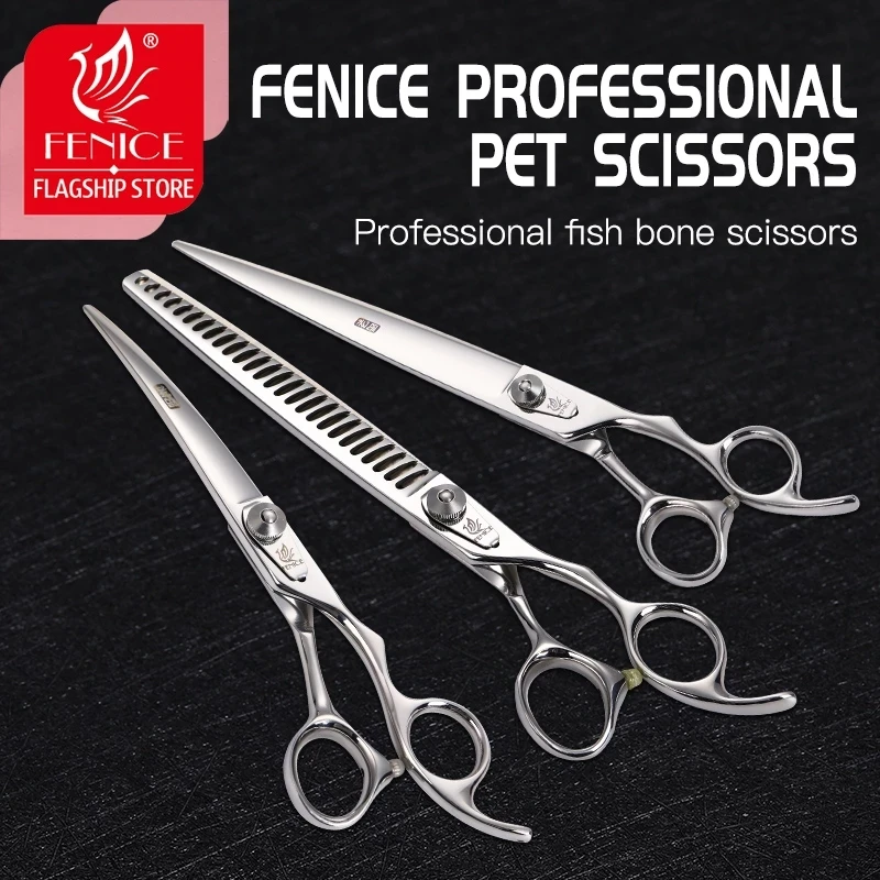 

Fenice Professional Dog Scissors 6.5inch Curved 8inch Thinner 9.5inch Straight Pet Grooming Shears Haircut Tools for Animal Care