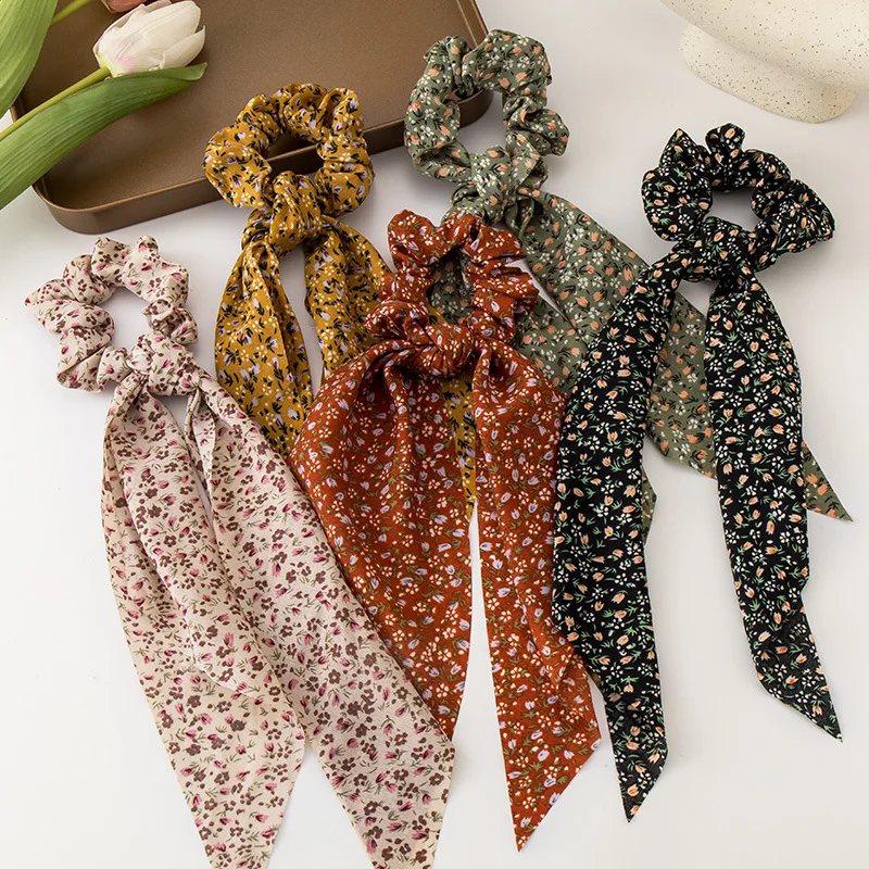 

floral French streamer hair band ponytail silk scarf headrope autumn and winter new simple women's headgear hair rope