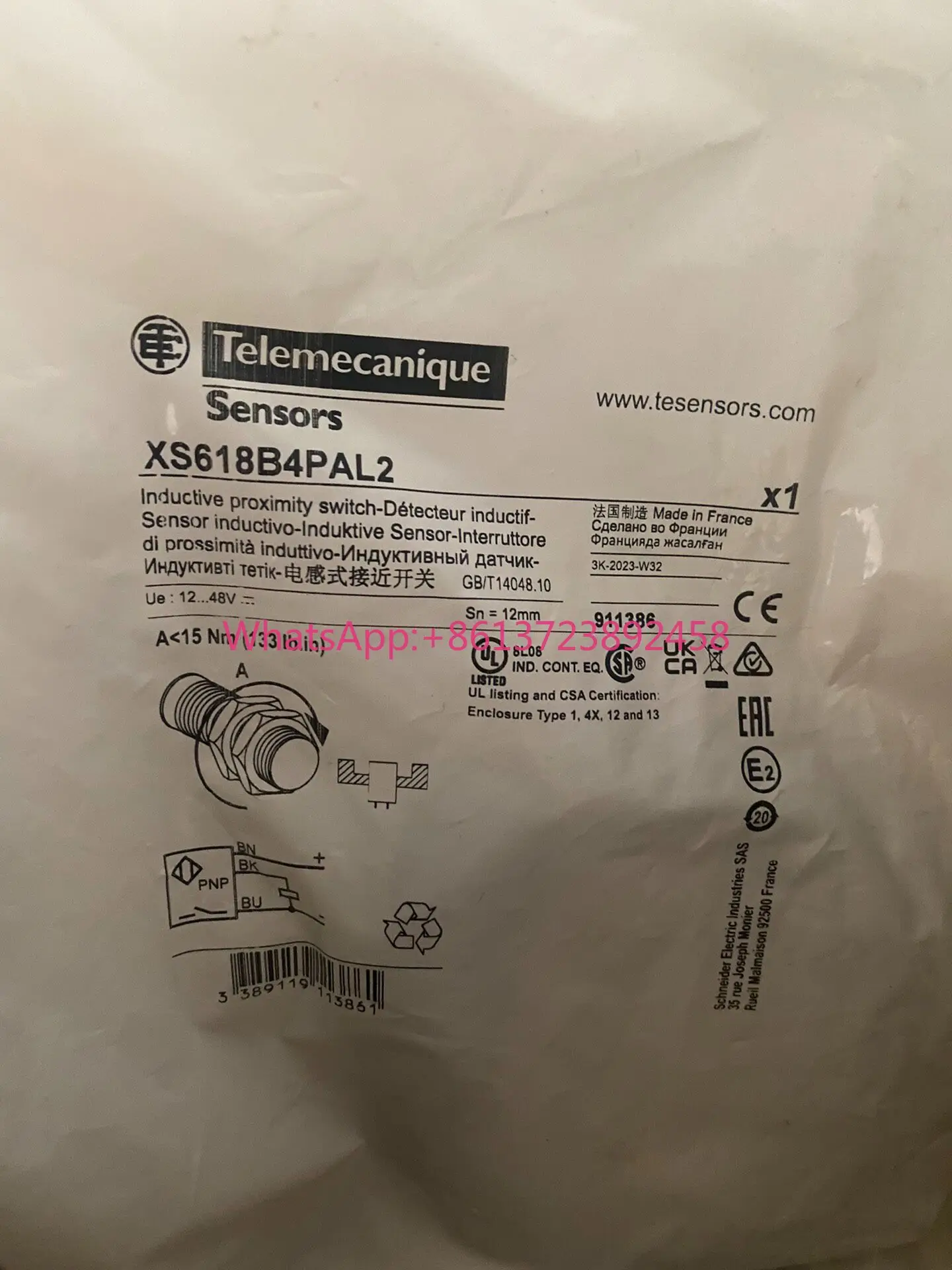 

XS618B4PAL2 Schneider inductive proximity switch, brand new original genuine