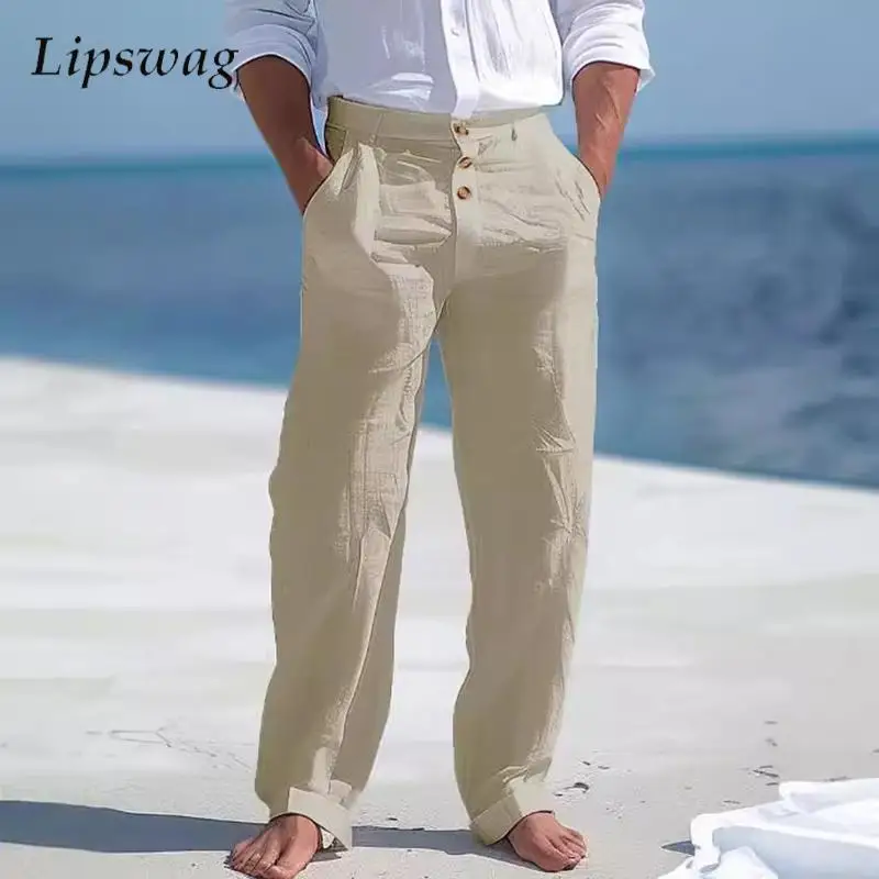 Autumn Vintage Button-up Cotton Linen Pants Men Solid Color Loose Straight Pants For Mens Seaside Beach Style Casual Pants Male