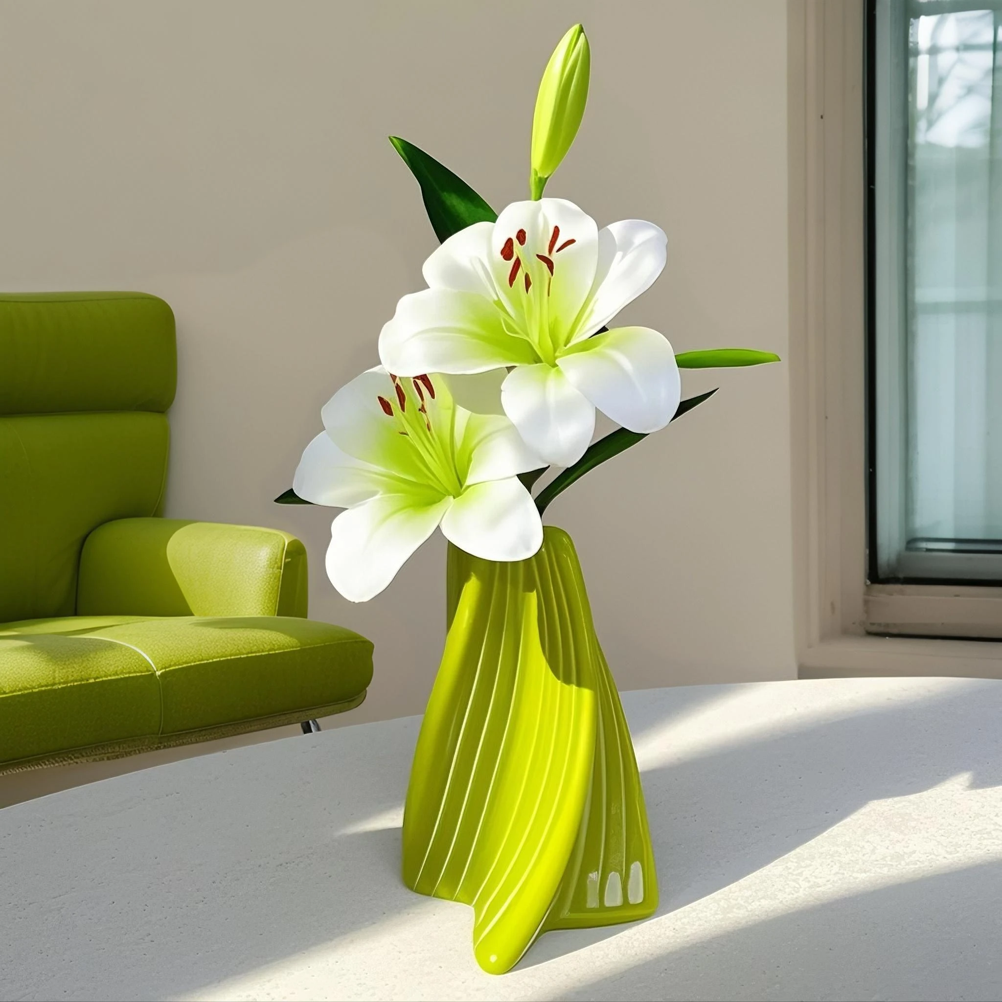 Artificial Lily Green Plant Decoration Floral Arrangement Living Room Ceramic Vase Light Luxury Artificial Floral Art Ornament