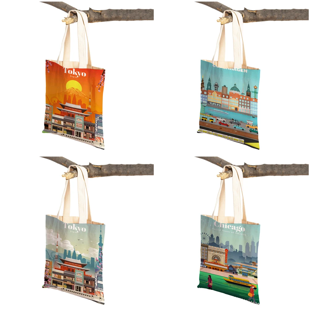 Cartoon City Travel Landscape Art Women Shopper Bags Tote Lady Handbag Both Sides Spain Singapore Casual Canvas Shopping Bag