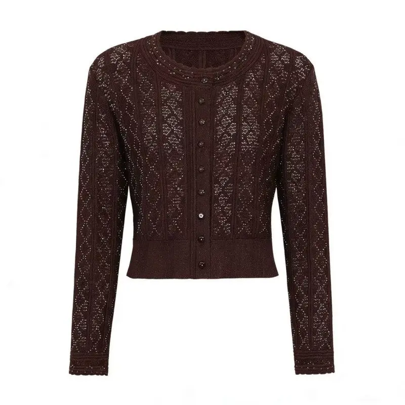 

High Quality Spring Autumn Long Sleeve Rhinestone Knitted Sweater Ladylike Style Open Cardigan Outerwear for Women