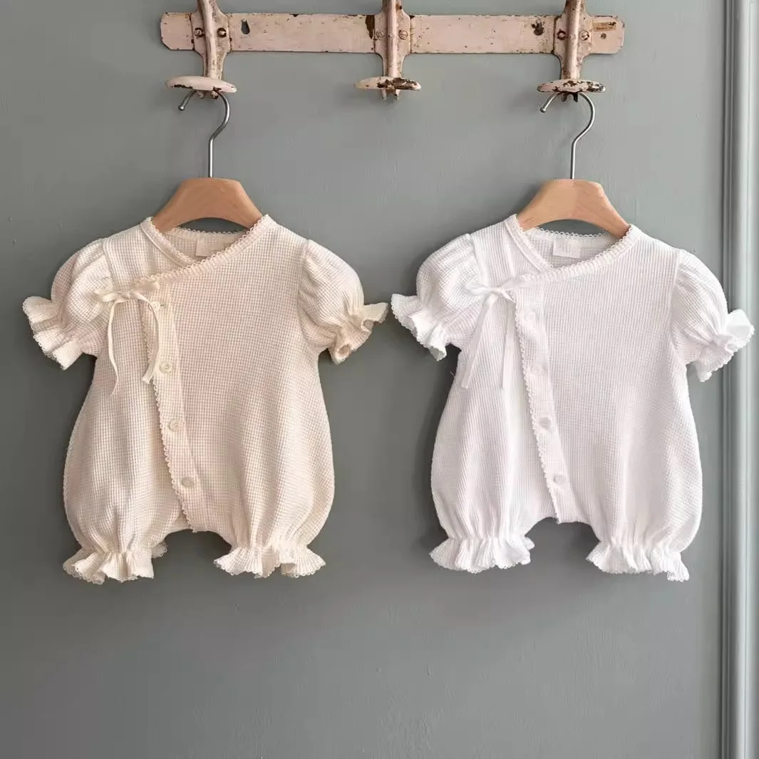Baby Rompers 2026 Korean New Spring Summer for Girls Newborns Infants and Toddlers Cotton Slant Breasted Short Sleeve Jumpsuit