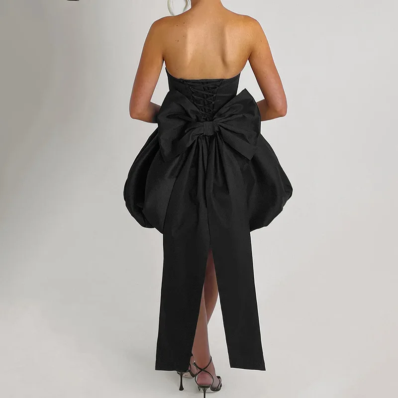 Trägerloses Satin-Kleid mit Großer Schleife, Rückenfreies Kurzrock-Kleid für Hochzeit, Party, Dinner, Sexy Trägerloses Abendkleid für Damen – Detail 17