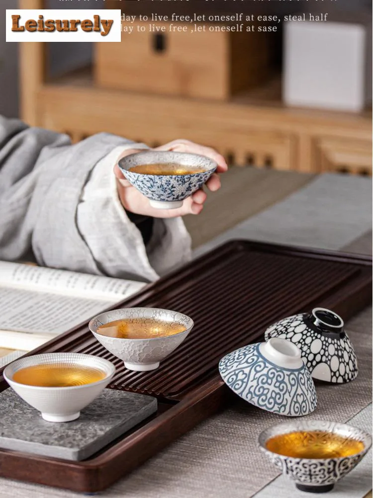 70ml Creative 999 Sterling Silver Master Cup Ceramic Teacups Office Small Tea Bowl Household Handmade Chinese Kung Fu Drinkware