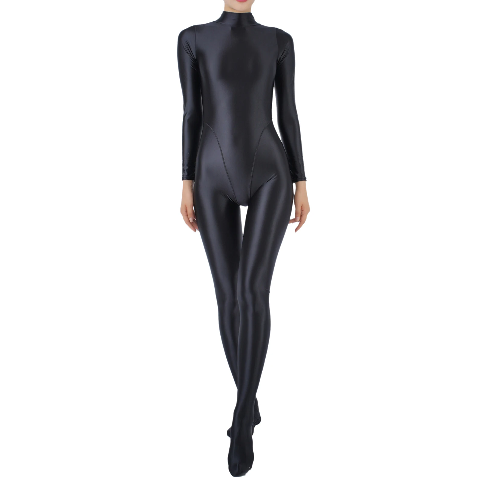 Womens Glossy Full Body Bodysuit Swimsuit Long Sleeve One Piece Yoga Gym Jumpsuit Rash Guard for Diving Surfing Sportwear