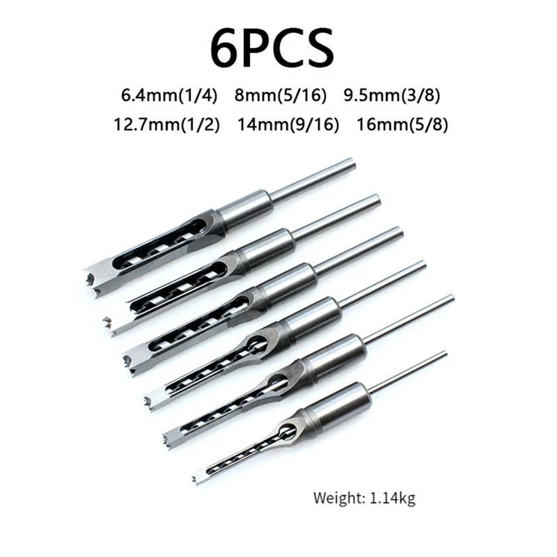 A23T 6PCS Woodworking Square Drill Bit Set, Carbide Tipped Mortise Chisel Twist Drill Bit for MDF Wood, Spiral Extension Bit
