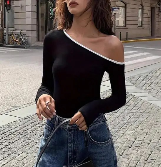 

Top Women 2026 Spring Autumn New Solid Color Slant Neck Off Shoulder Long Sleeve Slim Fit Daily Basic Versatile T-Shirt Top