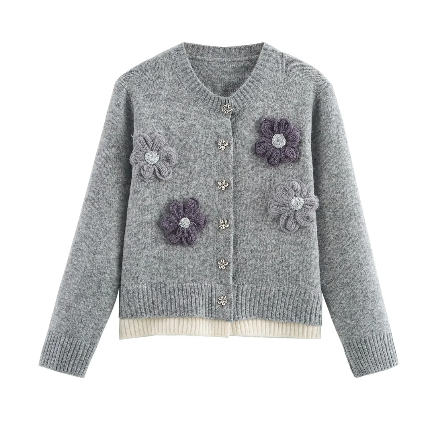 3 color 2025 Spring Women 3D Flower Open Buttons Knitting Cardigan O neck Full Sleeve Sweater Knitwear Creamy-white Coffee Gray