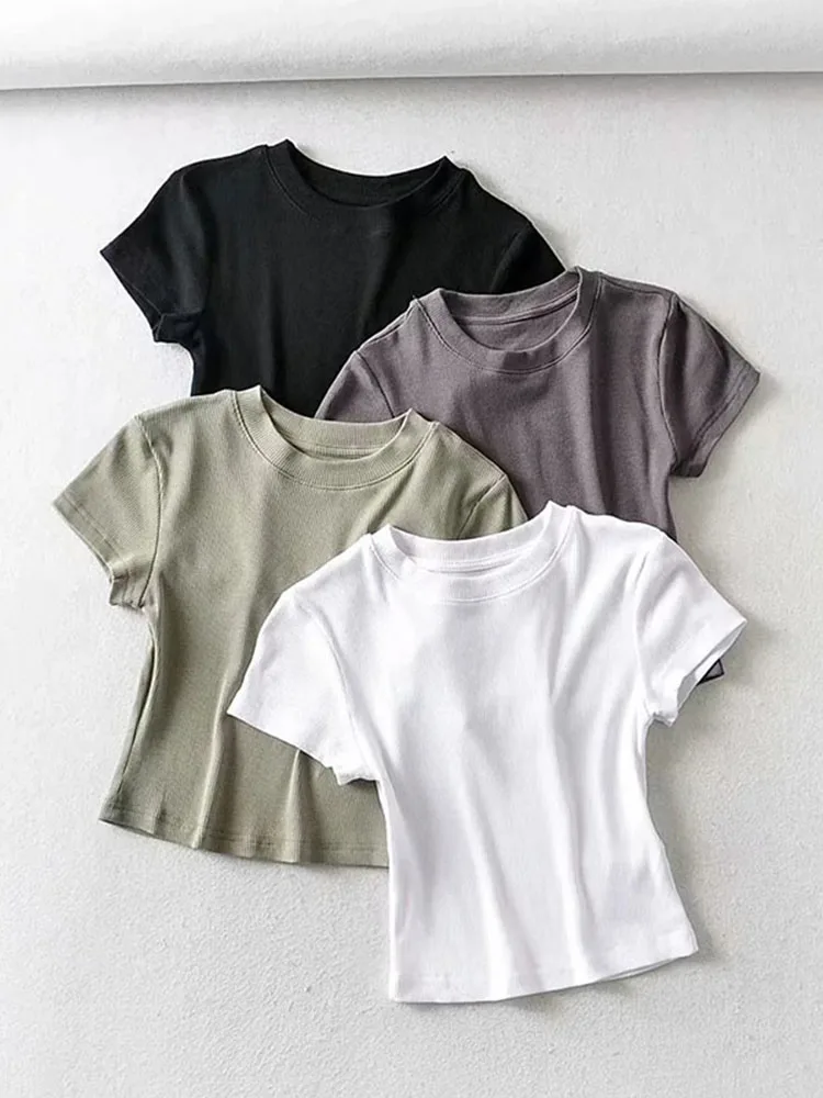 Women O-neck Short-sleeve T-shirt Slim Elastic Skinny Summer Sexy Crop Tops