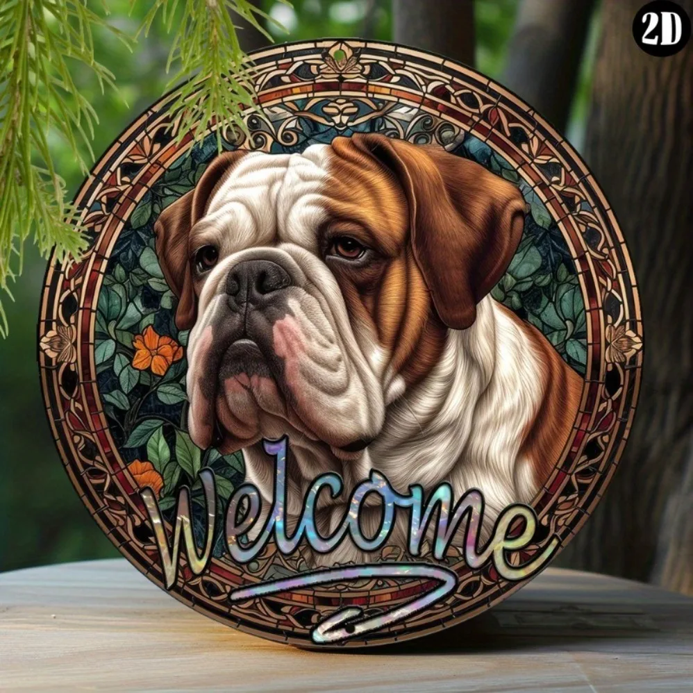 

1pc 8x8In Spring Metal Sign Faux Stained Glass Round Wreath Decor Sign Office Decoration Mothers Gifts Bulldog Theme Decoration