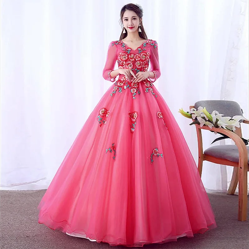 

DSP Elegant A Line V Neck Long Sleeves Quinceanera Dresses for 15 Year Old Girl Graduation Party Dresses Gala Prom Gown