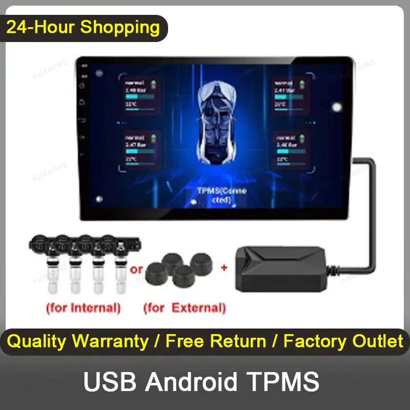 

USB Android TPMS Tire Pressure Monitoring System Display Alarm System Built-in External 4 Sensors For Car Navigation Radio