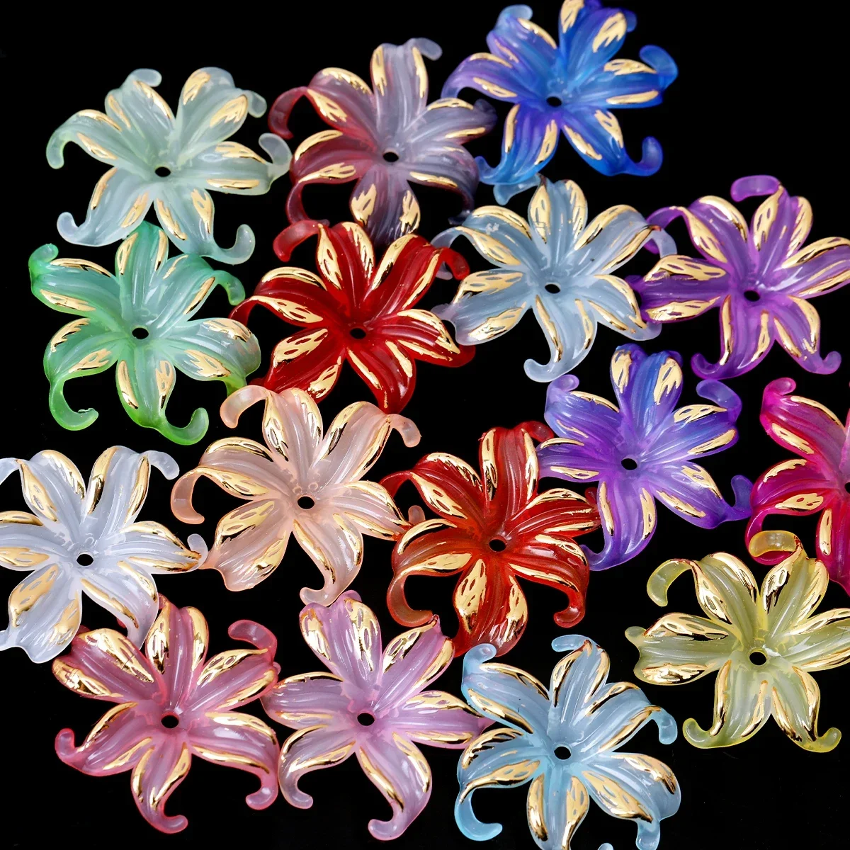6pcs Random Color 4.4cm Gold Foil Curly Petal Large Lily Flower Acrylic Beads for DIY Necklace Bracelet Craft Supplies