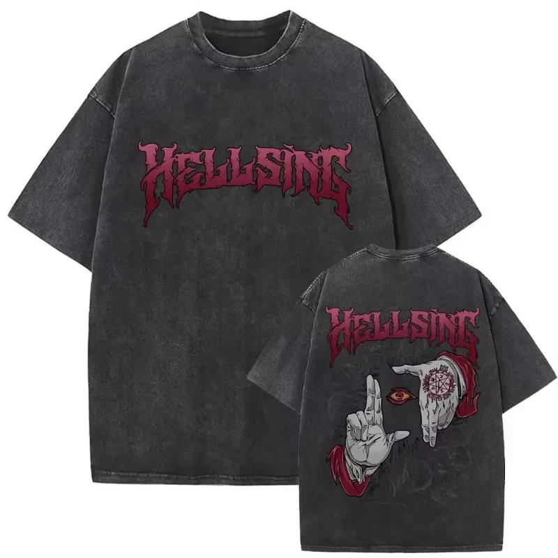 

2026 Summer Washed Vintage Anime Hellsing Abraham Van Helsing Vampire Alucard Print T-shirts 90s Manga Oversized T Shirts Unisex