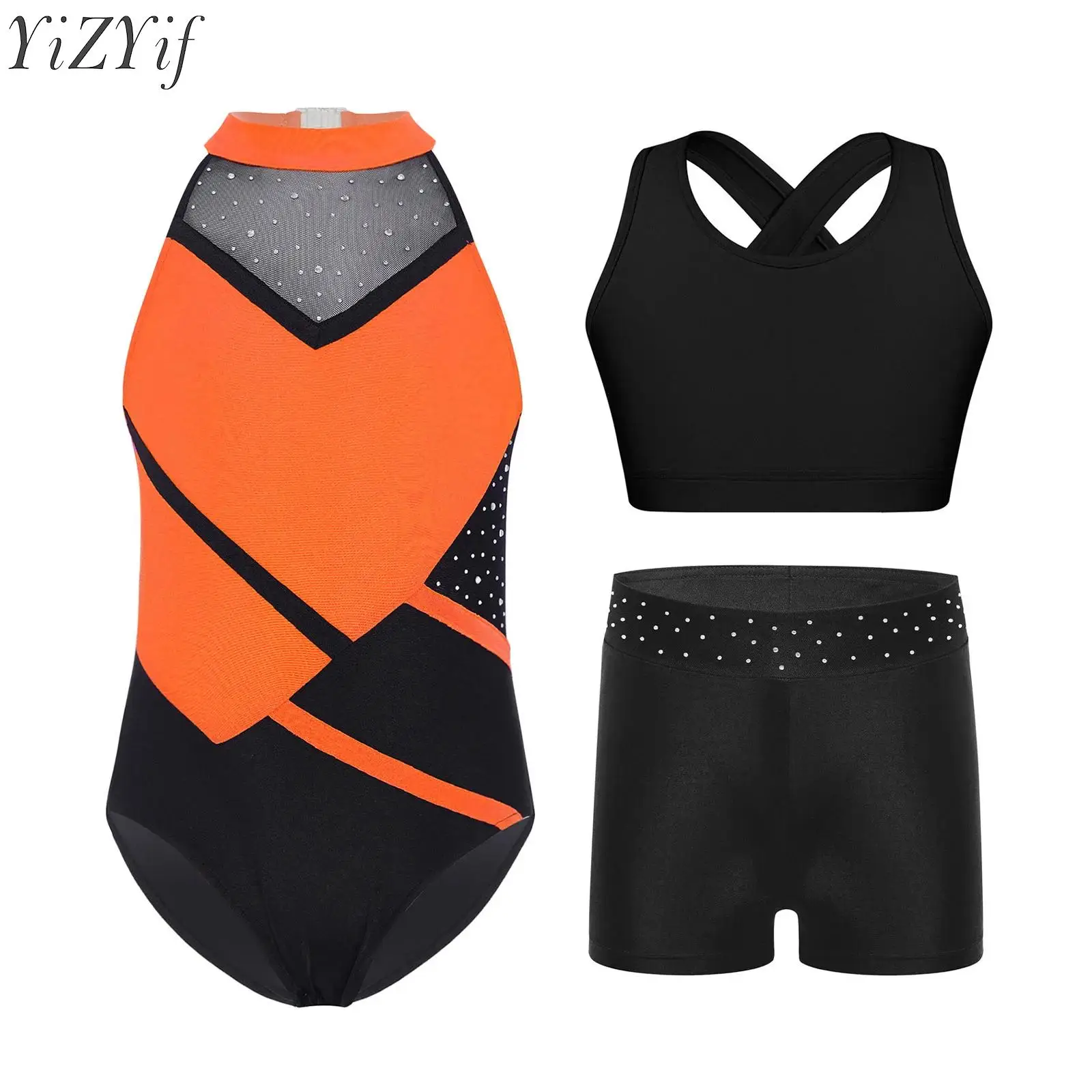 

Kids Girls Ballet Dance Sets Gymnastics Performance Outfit Rhinestones Leotard with Cross Back Keyhole Cropped Vest and Shorts