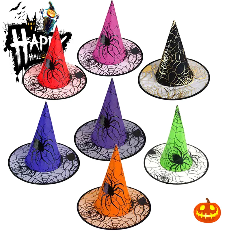 Chapéus de bruxa negra para adultos e crianças, traje de feiticeiro, tampas pontiagudas, adereços Cosplay Halloween, fita de máscaras, decoração da festa