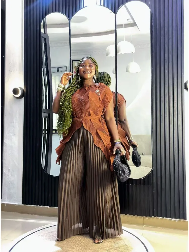 

2025 Summer New African Miyake Pleated Splicing Large Size Set Solid Color One-word Collar Top + Wide-leg Pants Two-piece Set