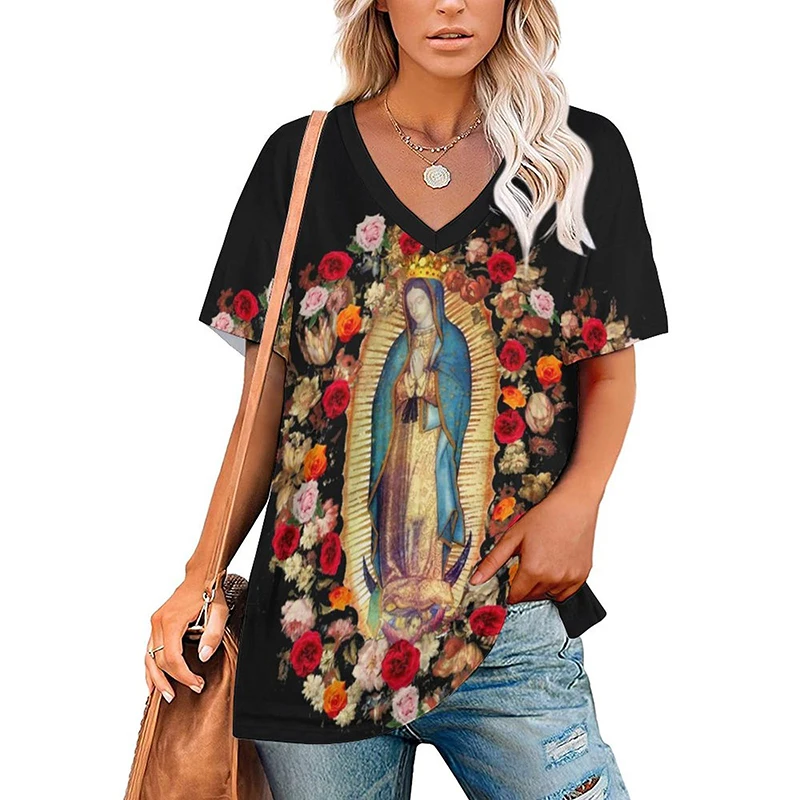 Summer Virgin Mary 3D Print T-shirts Retro Women V-Neck Casual T Shirt Y2k Top Harajuku Streetwear Oversized Tee Woman Clothing