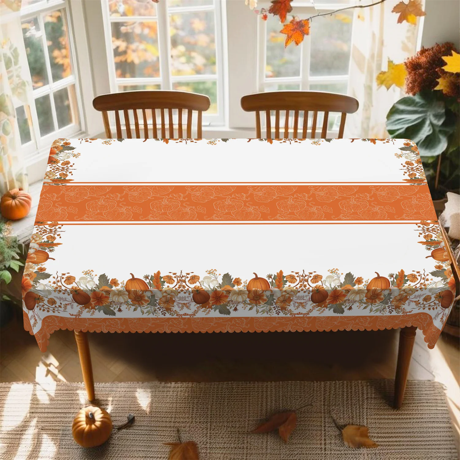 Orange border pumpkin flower autumn tablecloth, 1 pack, suitable for Thanksgiving kitchen table party decorationZYC