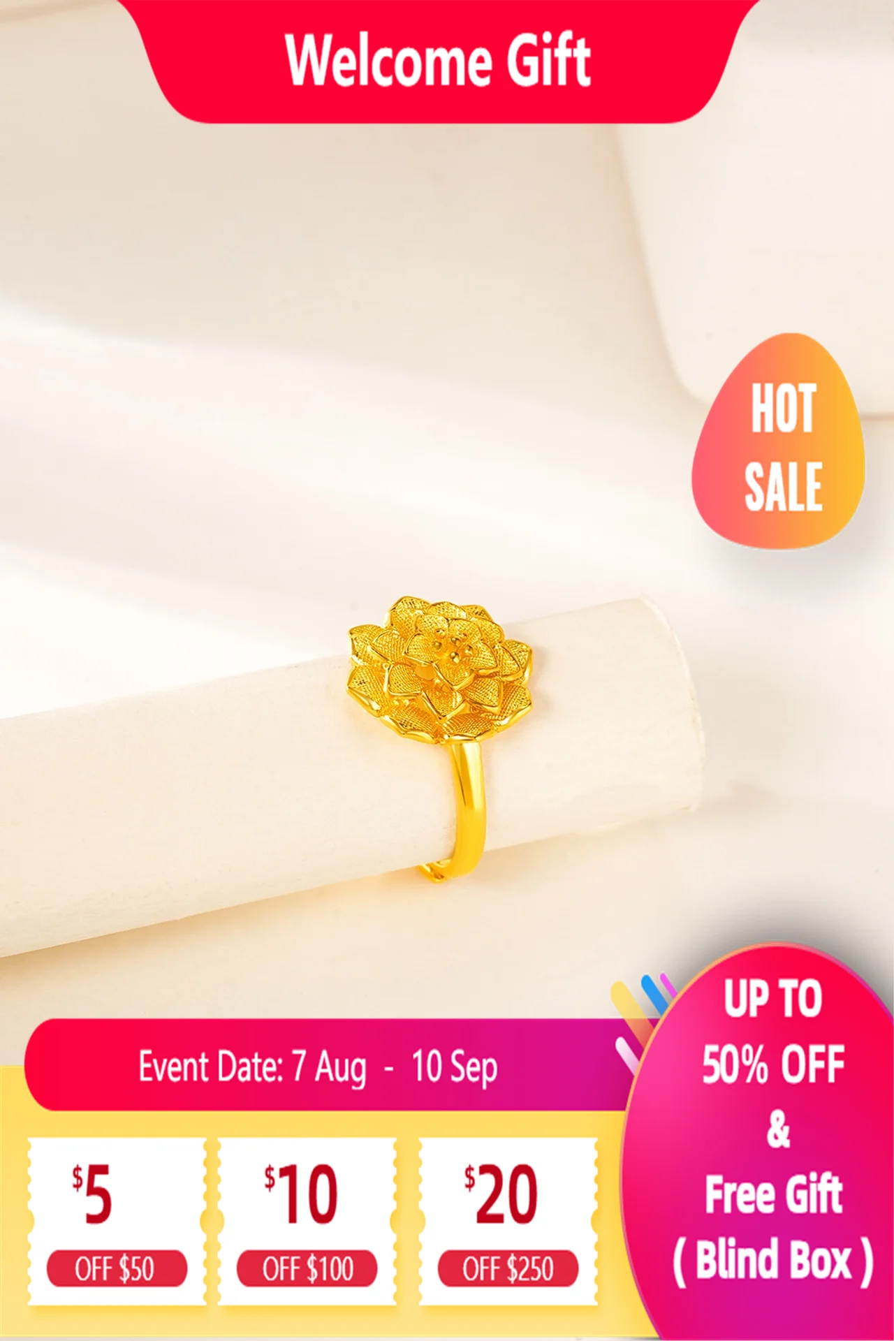 

LiumGems Gold-Vermeil 925 Sterling Silver Women Camellia Statement Ring Adjustable for party or anniversary