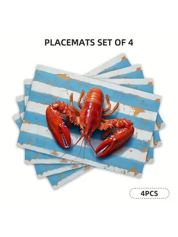 4pcs/6pcs, Lobster Blue Striped Square Placemats, Seasonal Kitchen Decoration Home Decoratio